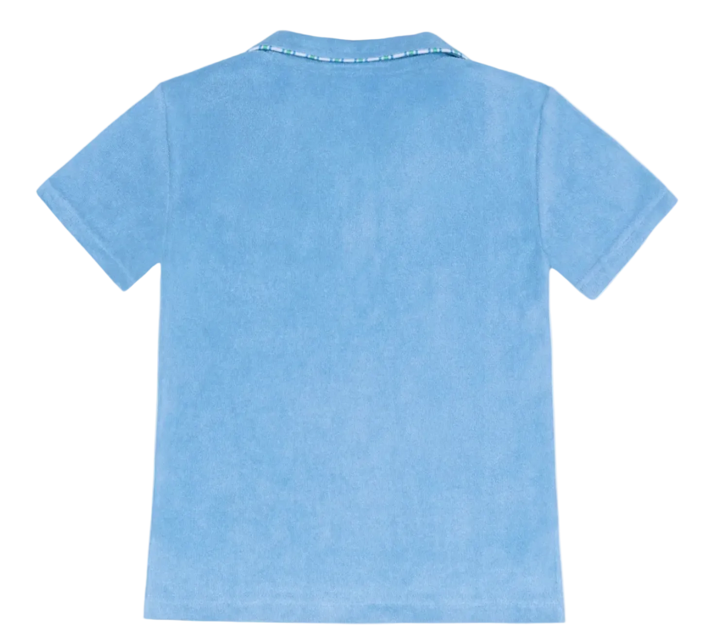 Boy wearing Minnow Le Marin Blue French Terry Polo shirt, showcasing casual boys' clothing with a comfortable, stylish fit.