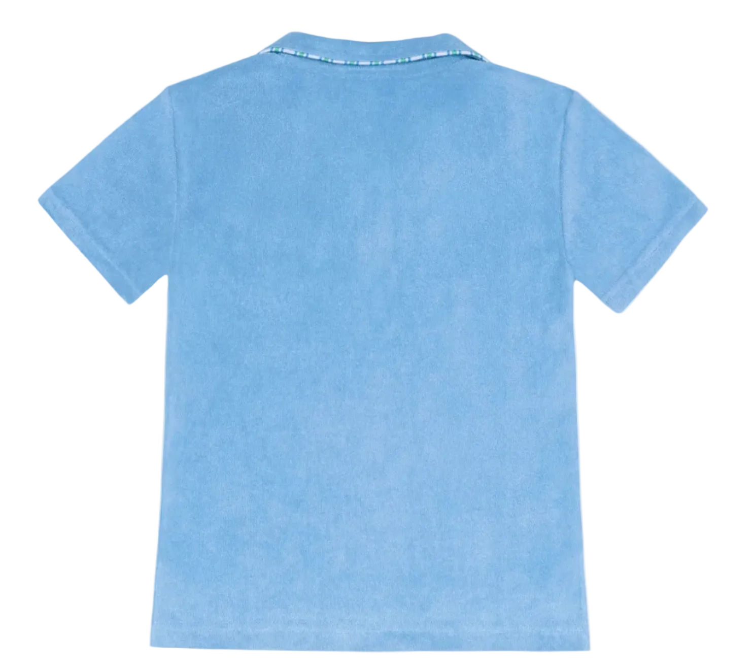 Boy wearing Minnow Le Marin Blue French Terry Polo shirt, showcasing casual boys' clothing with a comfortable, stylish fit.