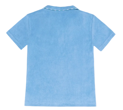 Boy wearing Minnow Le Marin Blue French Terry Polo shirt, showcasing casual boys' clothing with a comfortable, stylish fit.