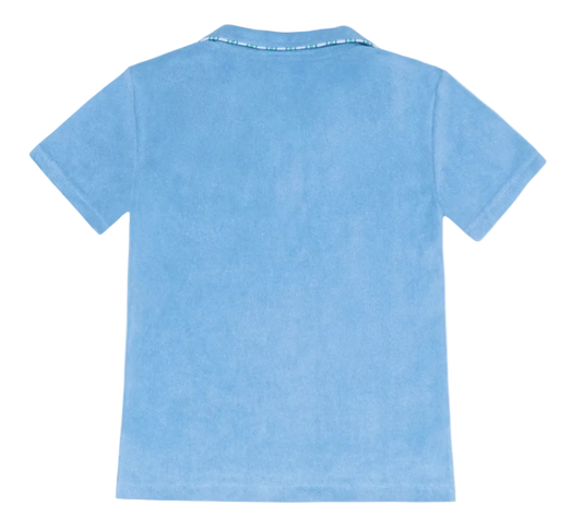 Boy wearing Minnow Le Marin Blue French Terry Polo shirt, showcasing casual boys' clothing with a comfortable, stylish fit.