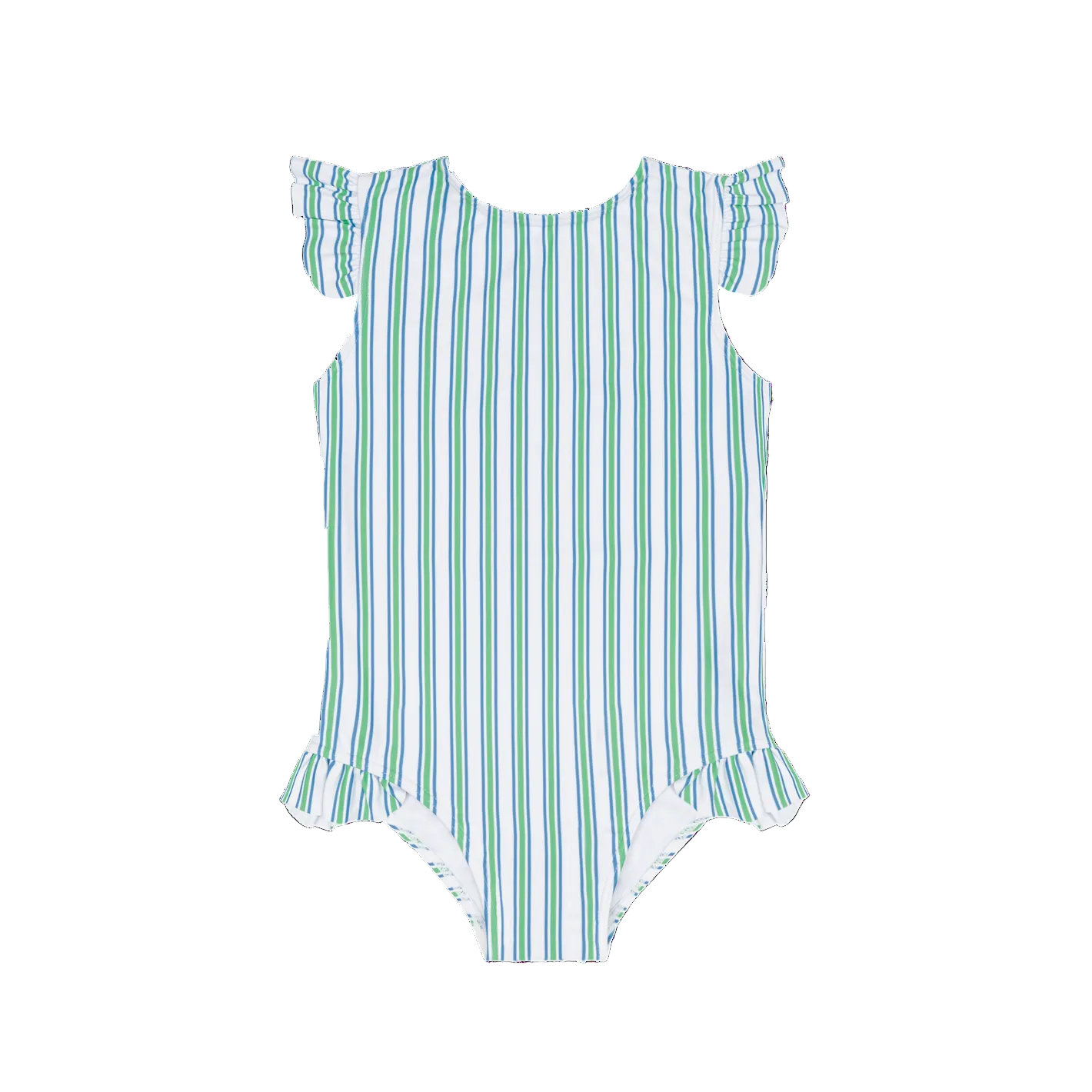 Girls Minnow Tamarin Stripe Ruffle Cap Sleeve Rashguard One Piece swimsuit with colorful stripes and ruffle details.