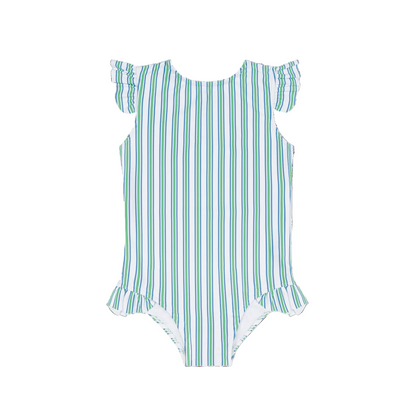 Girls Minnow Tamarin Stripe Ruffle Cap Sleeve Rashguard One Piece swimsuit with colorful stripes and ruffle details.