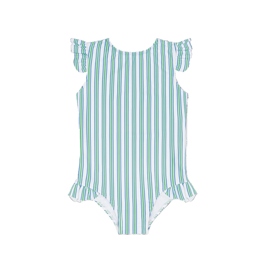 Girls Minnow Tamarin Stripe Ruffle Cap Sleeve Rashguard One Piece swimsuit with colorful stripes and ruffle details.