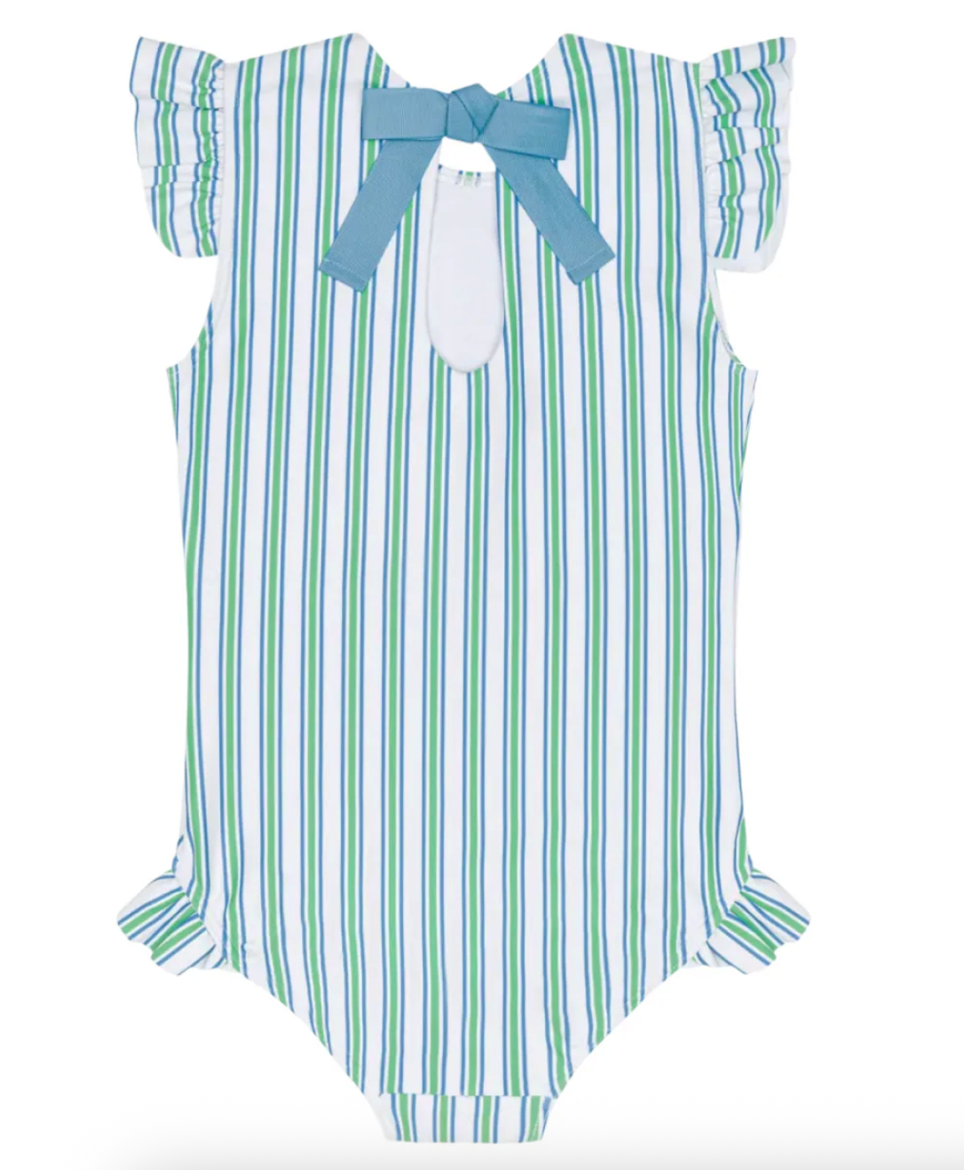 Girls Minnow Tamarin Stripe Ruffle Cap Sleeve Rashguard One Piece swimsuit with colorful stripes and ruffle details.