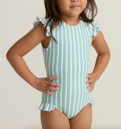 Girls Tamarin Stripe Ruffle Cap Sleeve Rashguard One Piece by Minnow, featuring colorful stripes and ruffle details on the cap sleeves.