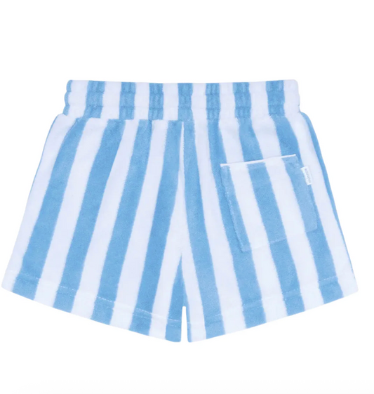 Minnow boys bay stripe French terry shorts featuring blue and white horizontal stripes and an adjustable waistband.