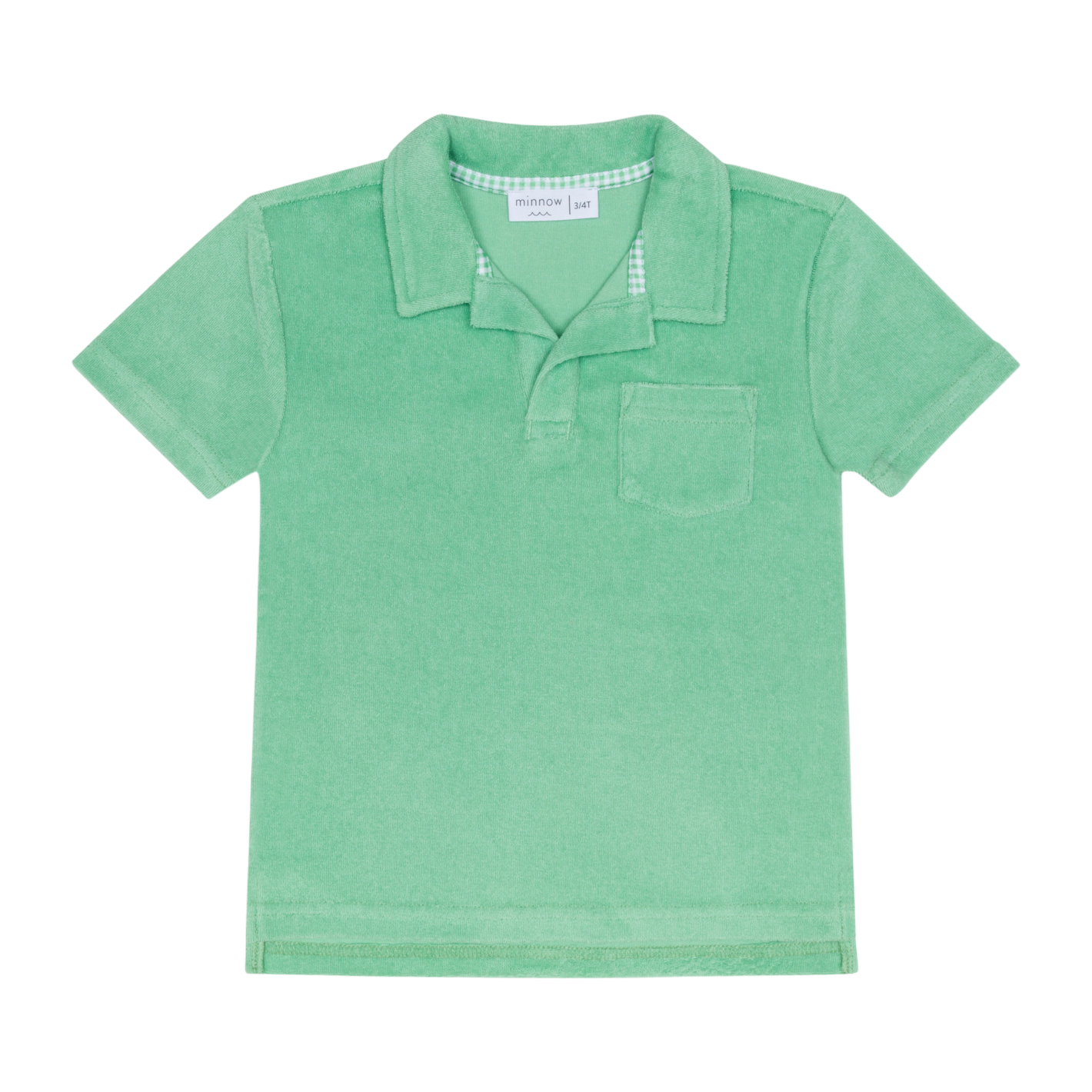 Boys Gustavia green French Terry polo shirt by Minnow with a classic collar and short sleeves, casual and comfortable for kids.