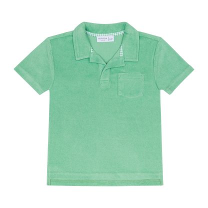 Boys Gustavia green French Terry polo shirt by Minnow with a classic collar and short sleeves, casual and comfortable for kids.