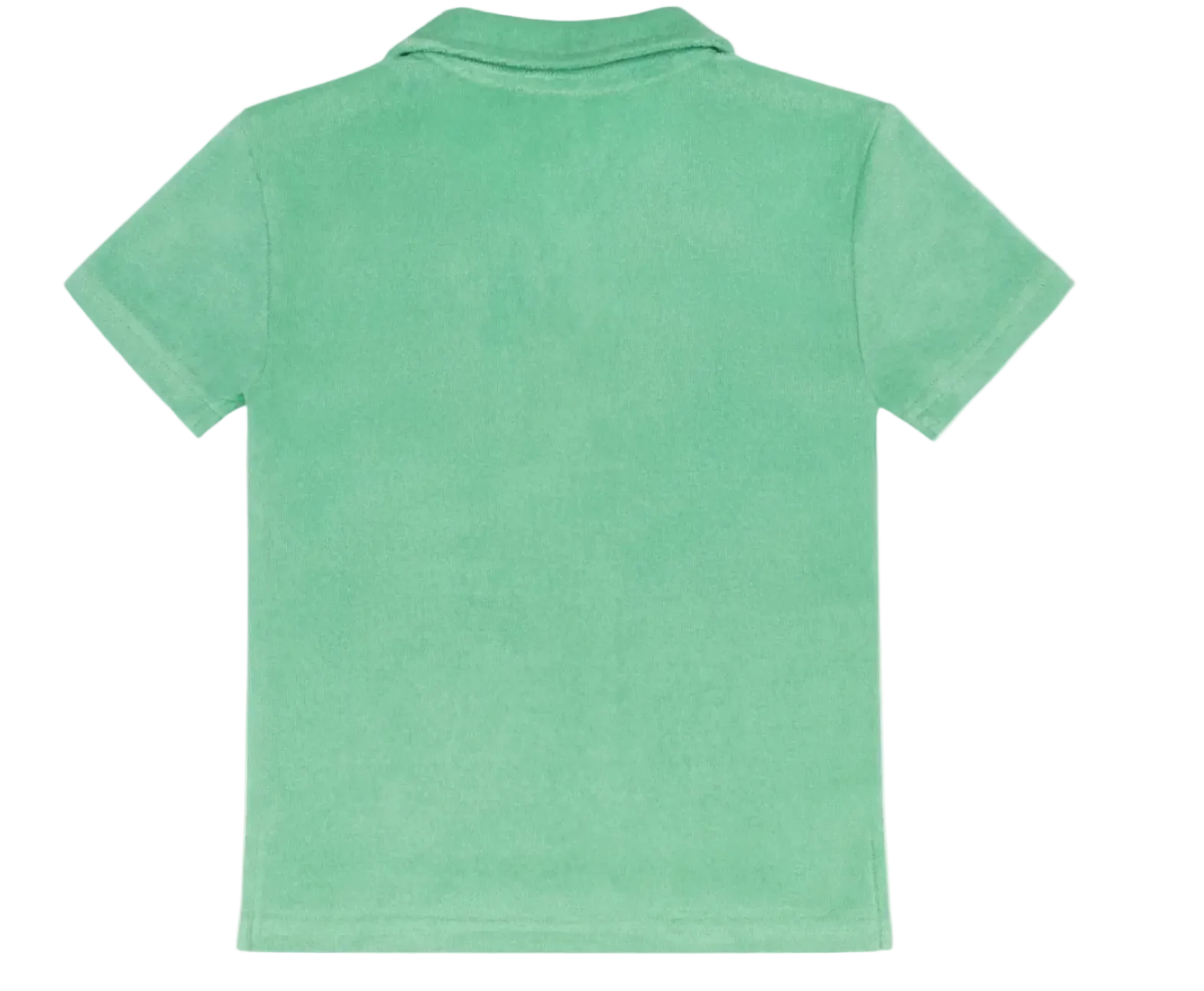 Boy wearing Minnow Gustavia green French terry polo shirt, casual boys' clothing with a collar and short sleeves.