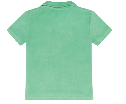 Boy wearing Minnow Gustavia green French terry polo shirt, casual boys' clothing with a collar and short sleeves.