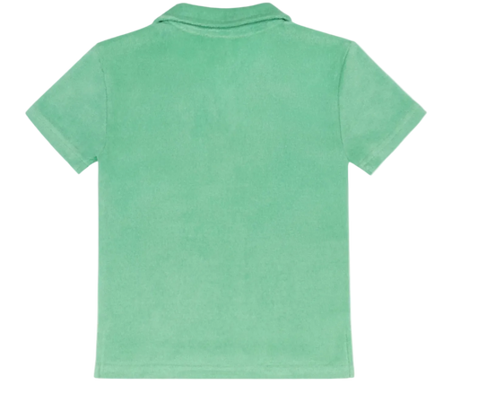 Boy wearing Minnow Gustavia green French terry polo shirt, casual boys' clothing with a collar and short sleeves.