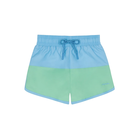 Boys Island Edge colorblock board shorts by Minnow featuring blue, green, and white panels with adjustable waistband.