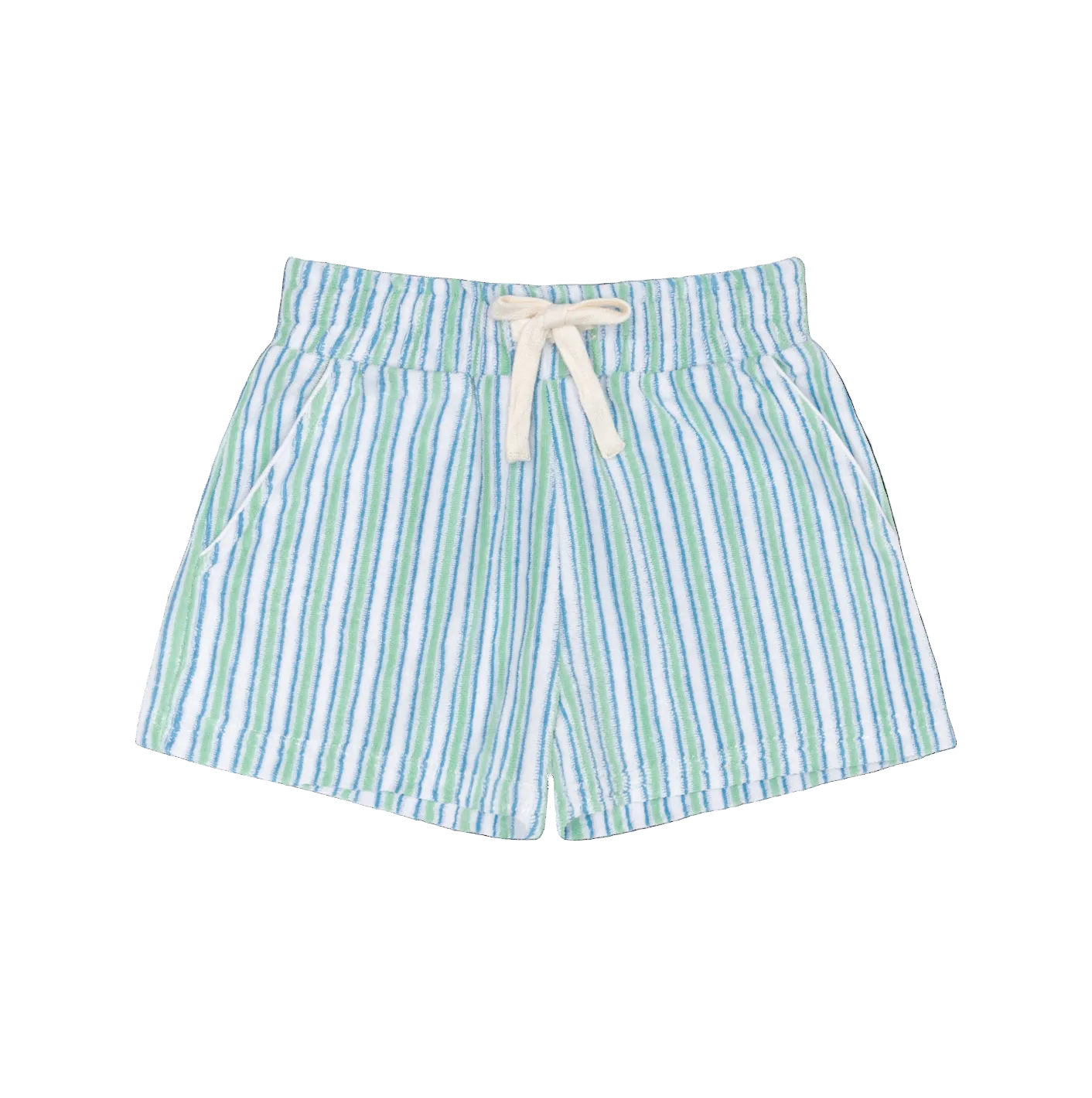 Minnow boys Tamarin Stripe French Terry shorts with blue and white horizontal stripes and comfortable elastic waistband.