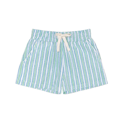 Minnow boys Tamarin Stripe French Terry shorts with blue and white horizontal stripes and comfortable elastic waistband.