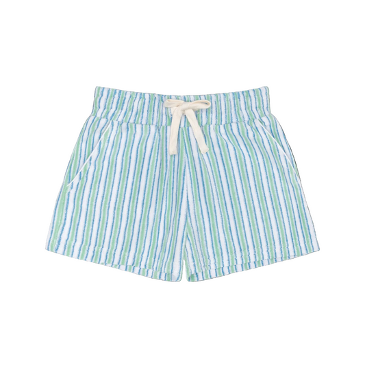 Minnow boys Tamarin Stripe French Terry shorts with blue and white horizontal stripes and comfortable elastic waistband.