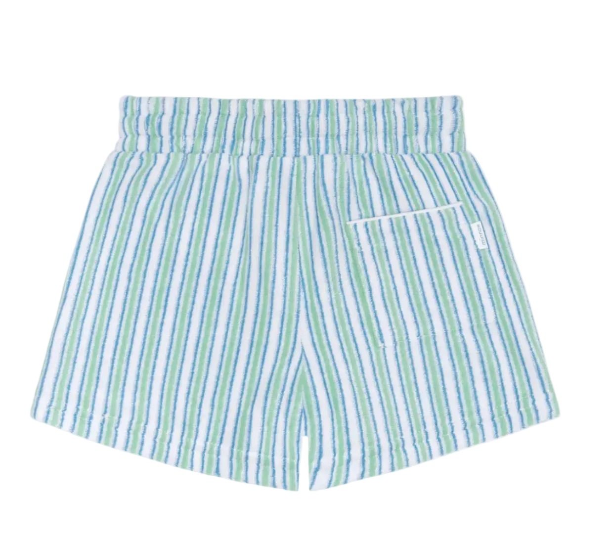 Minnow boys Tamarin Stripe French Terry shorts with blue and white horizontal stripes and elastic waistband.