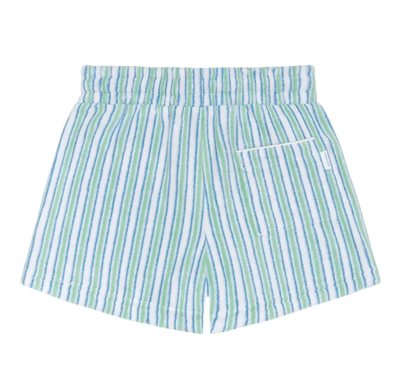 Minnow boys Tamarin Stripe French Terry shorts with blue and white horizontal stripes and elastic waistband.