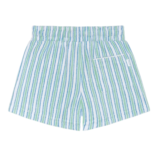 Minnow boys Tamarin Stripe French Terry shorts with blue and white horizontal stripes and elastic waistband.