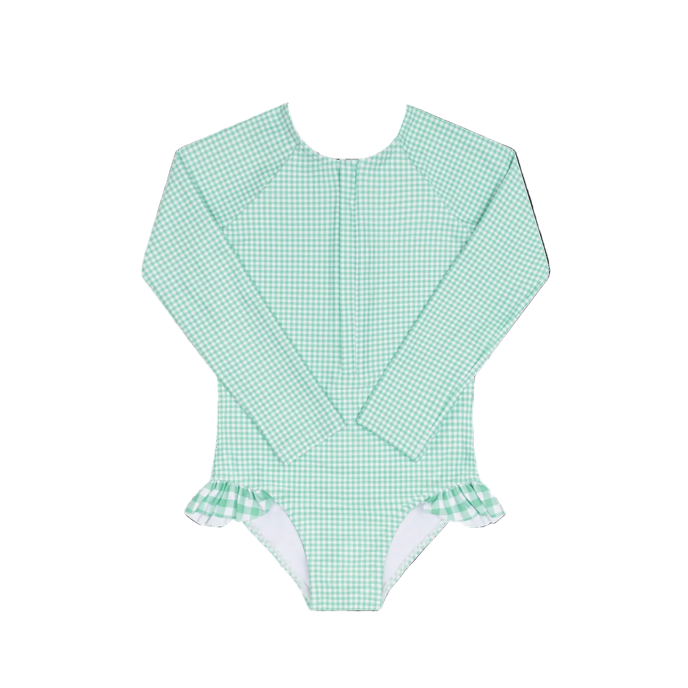 Girls Minnow Gustavia Gingham Front Zip Rashguard One Piece swimsuit with gingham pattern and front zipper detail