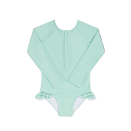 Girls Minnow Gustavia Gingham Front Zip Rashguard One Piece swimsuit with gingham pattern and front zipper detail