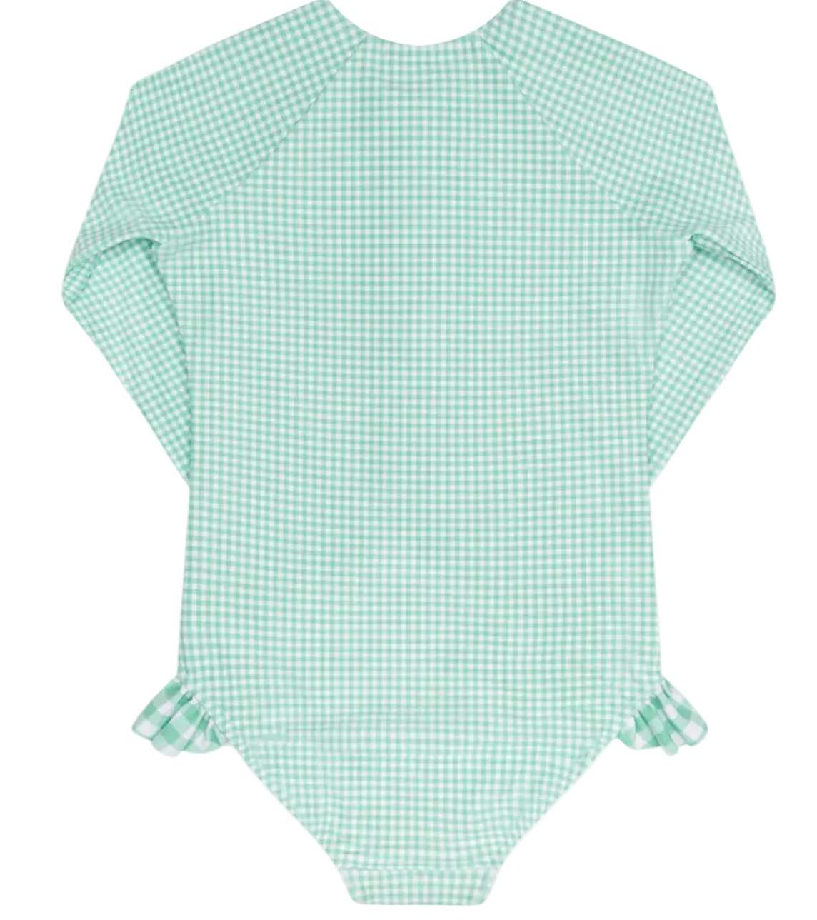 Girls Minnow Gustavia Gingham Front Zip Rashguard One Piece swimsuit with a stylish gingham pattern and front zipper.