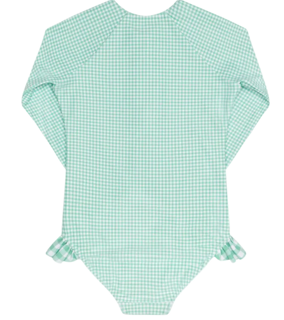 Girls Minnow Gustavia Gingham Front Zip Rashguard One Piece swimsuit with a stylish gingham pattern and front zipper.
