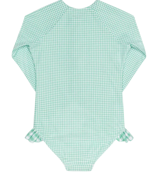 Girls Minnow Gustavia Gingham Front Zip Rashguard One Piece swimsuit with a stylish gingham pattern and front zipper.