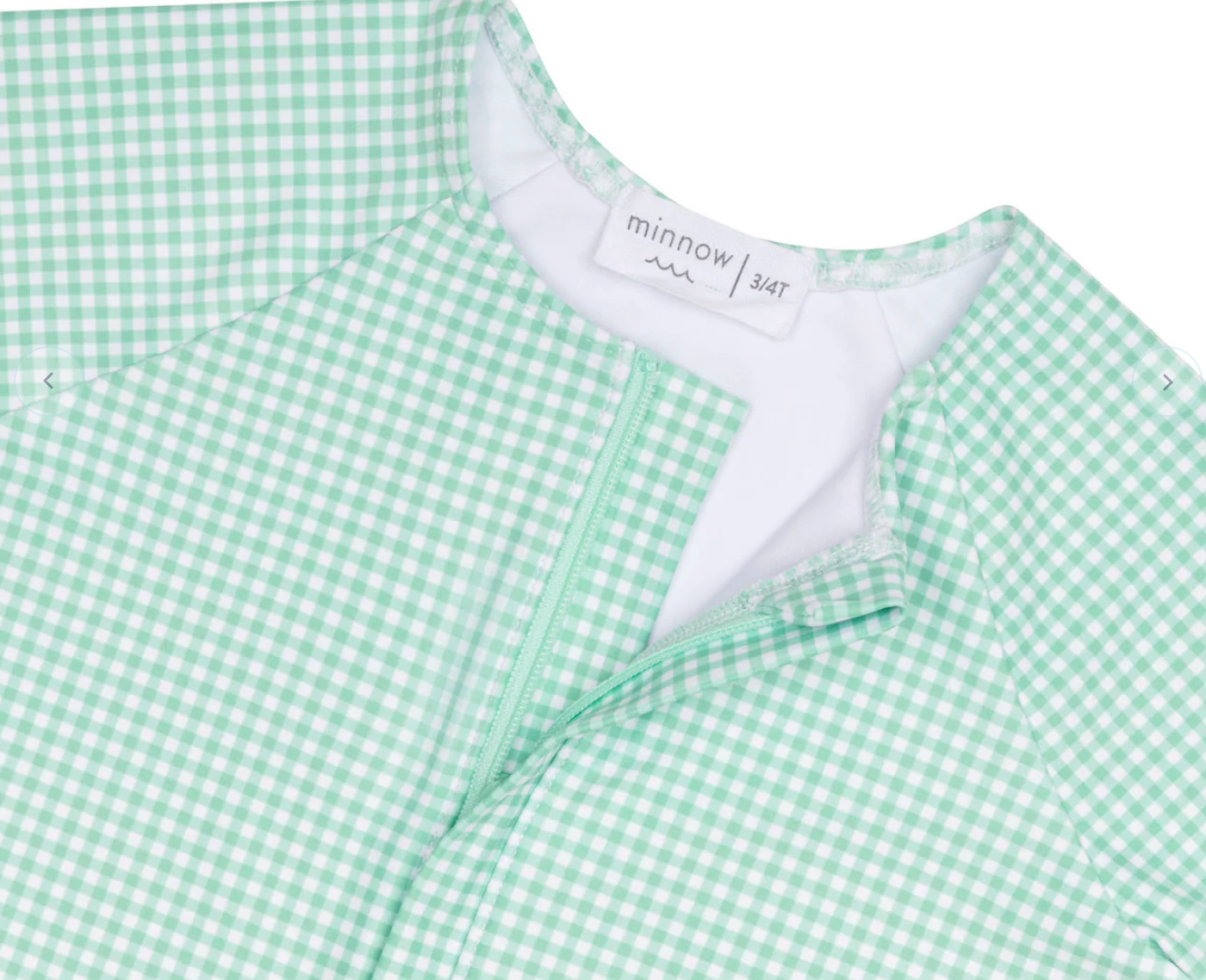 Girls Minnow Gustavia Gingham Front Zip Rashguard One Piece swimsuit with gingham pattern and front zipper.