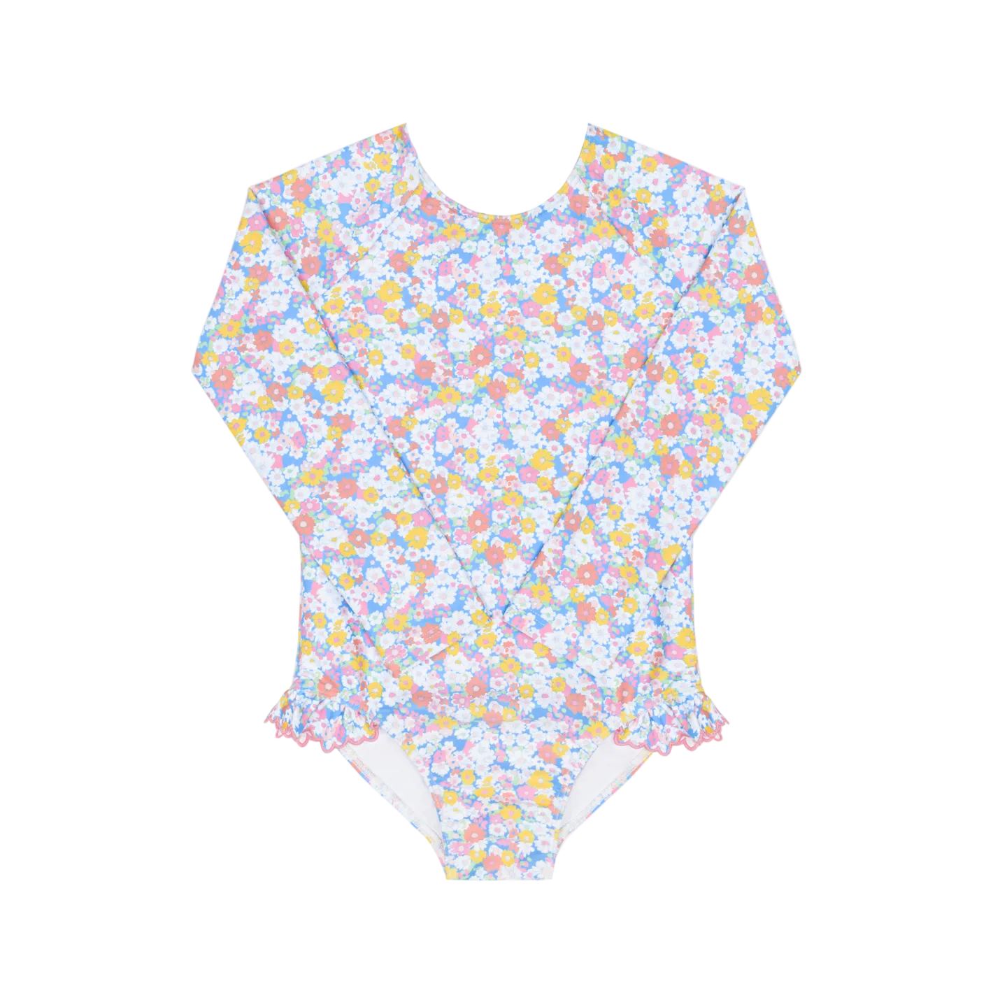 Girls Jasmine Blossom rashguard one-piece swimsuit by Minnow, featuring floral print and long sleeves for sun protection.