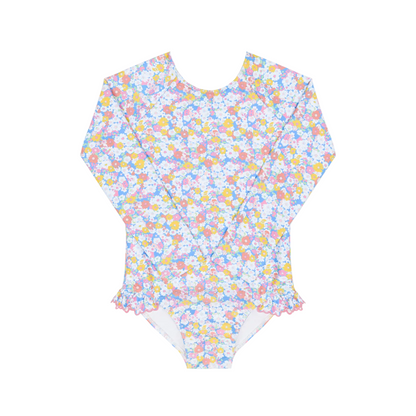 Girls Jasmine Blossom rashguard one-piece swimsuit by Minnow, featuring floral print and long sleeves for sun protection.