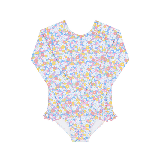 Girls Jasmine Blossom rashguard one-piece swimsuit by Minnow, featuring floral print and long sleeves for sun protection.