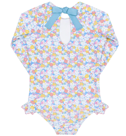 Girls Minnow Jasmine Blossom rashguard one-piece swimsuit with floral print, featuring long sleeves and a comfortable fit.