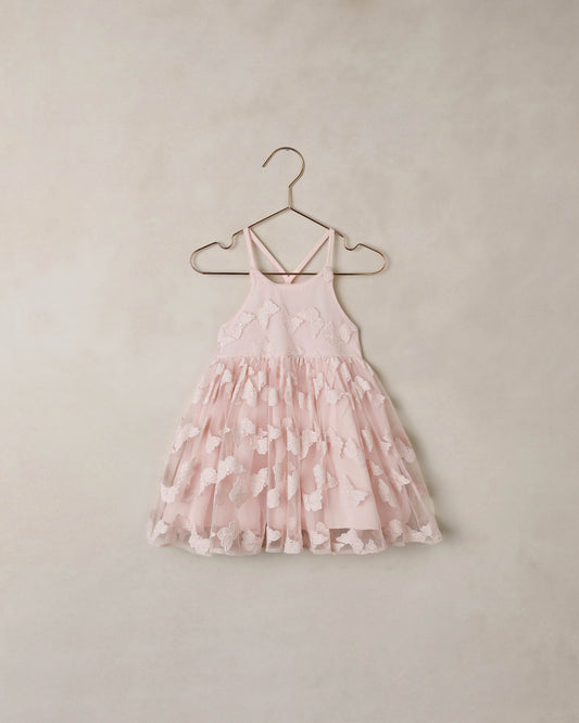 Girls Pippa Dress by Noralee in cotton candy pink with butterfly print, soft cotton fabric, perfect for casual or special occasions.