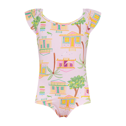 Pepita & Me Casitas Mile Ruffle One Piece swimsuit in vibrant print, featuring ruffled straps and a stylish design.