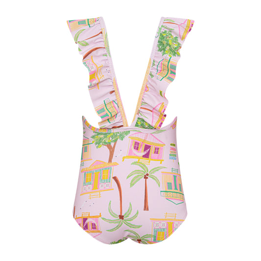 Pepita & Me Casitas Mile Ruffle One Piece swimsuit with ruffled detailing, displayed on a mannequin.