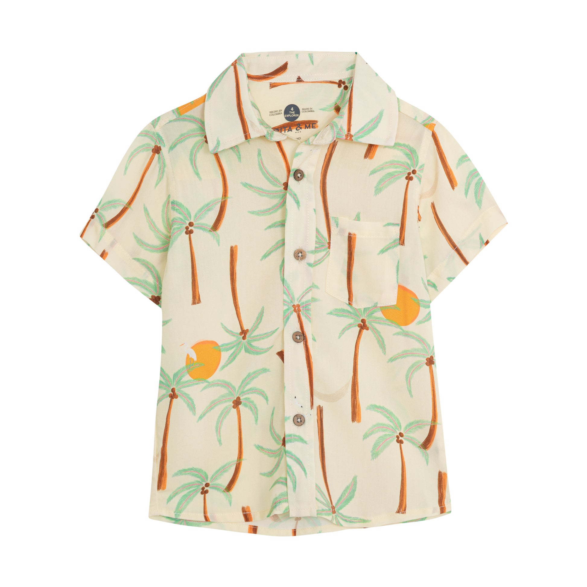 Pepita & Me boys' Palmeras Guaybera button-down shirt with tropical palm print, lightweight cotton, in size 3.