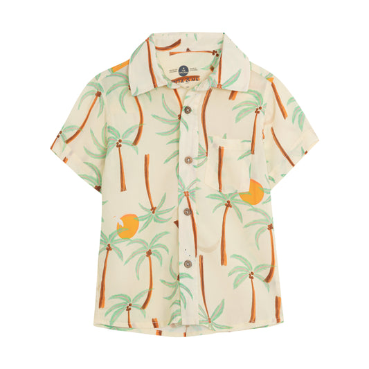Pepita & Me boys' Palmeras Guaybera button-down shirt with tropical palm print, lightweight cotton, in size 3.