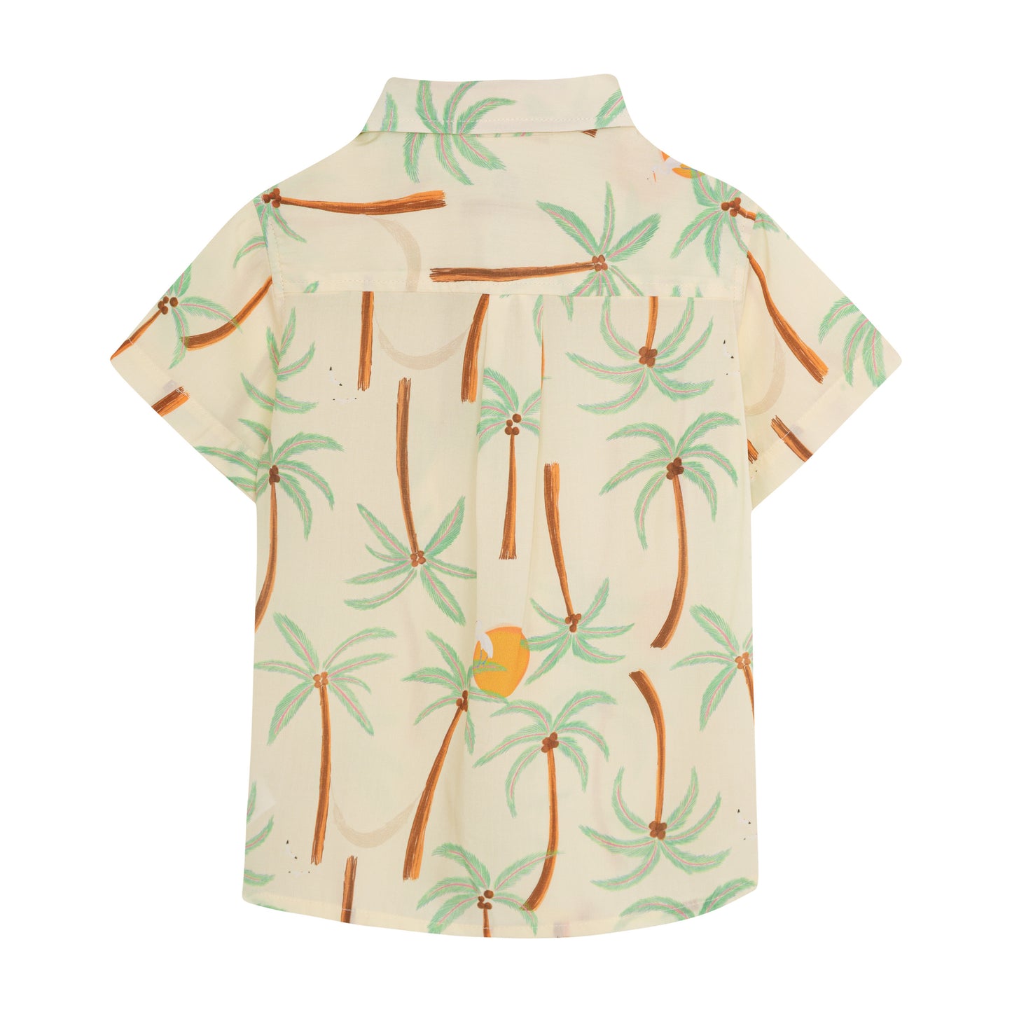 Boy's Palmeras Guaybera button-down shirt from Pepita & Me, featuring a tropical palm leaf print in vibrant colors.