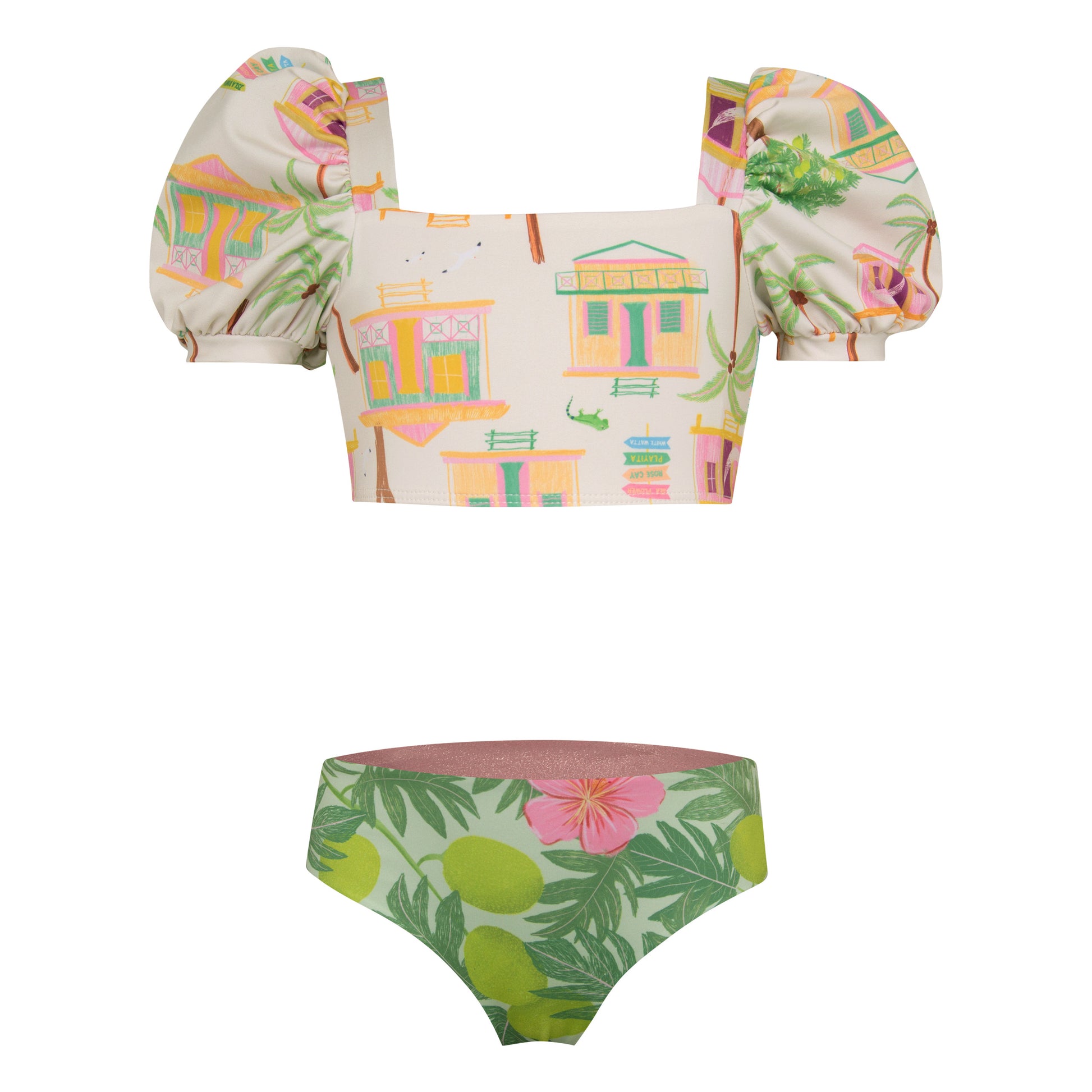 Pepita & Me Casitas Bubble Bikini with reversible bottom, featuring colorful bubble pattern and adjustable straps.