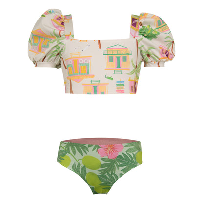 Pepita & Me Casitas Bubble Bikini with reversible bottom, featuring colorful bubble pattern and adjustable straps.