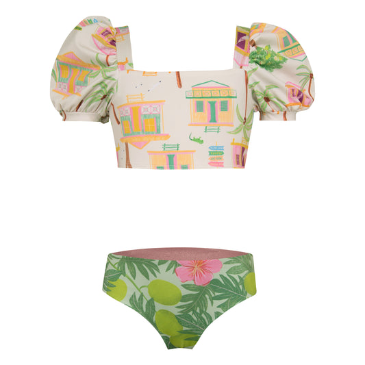 Pepita & Me Casitas Bubble Bikini with reversible bottom, featuring colorful bubble pattern and adjustable straps.