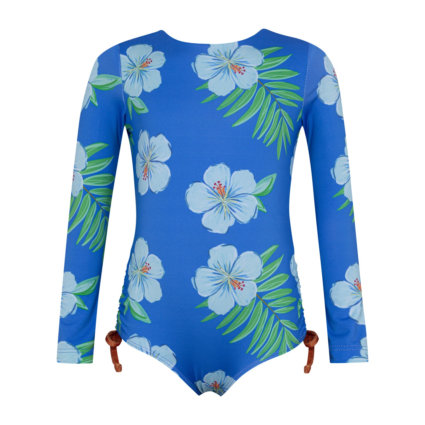 Pepita & Me Hibiscus Azul long sleeve swimsuit for girls, featuring vibrant hibiscus print and UV protection fabric.