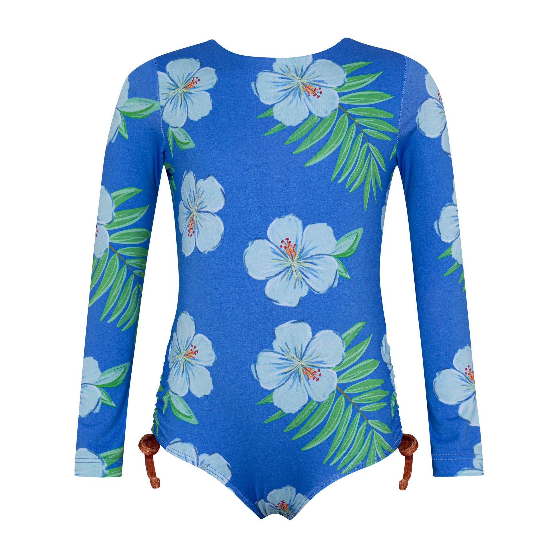 Pepita & Me Hibiscus Azul long sleeve swimsuit for girls, featuring vibrant hibiscus print and UV protection fabric.