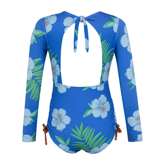 Pepita & Me Hibiscus Azul long sleeve swim suit shown in bright blue with floral hibiscus design, ideal for swimming and beachwear.