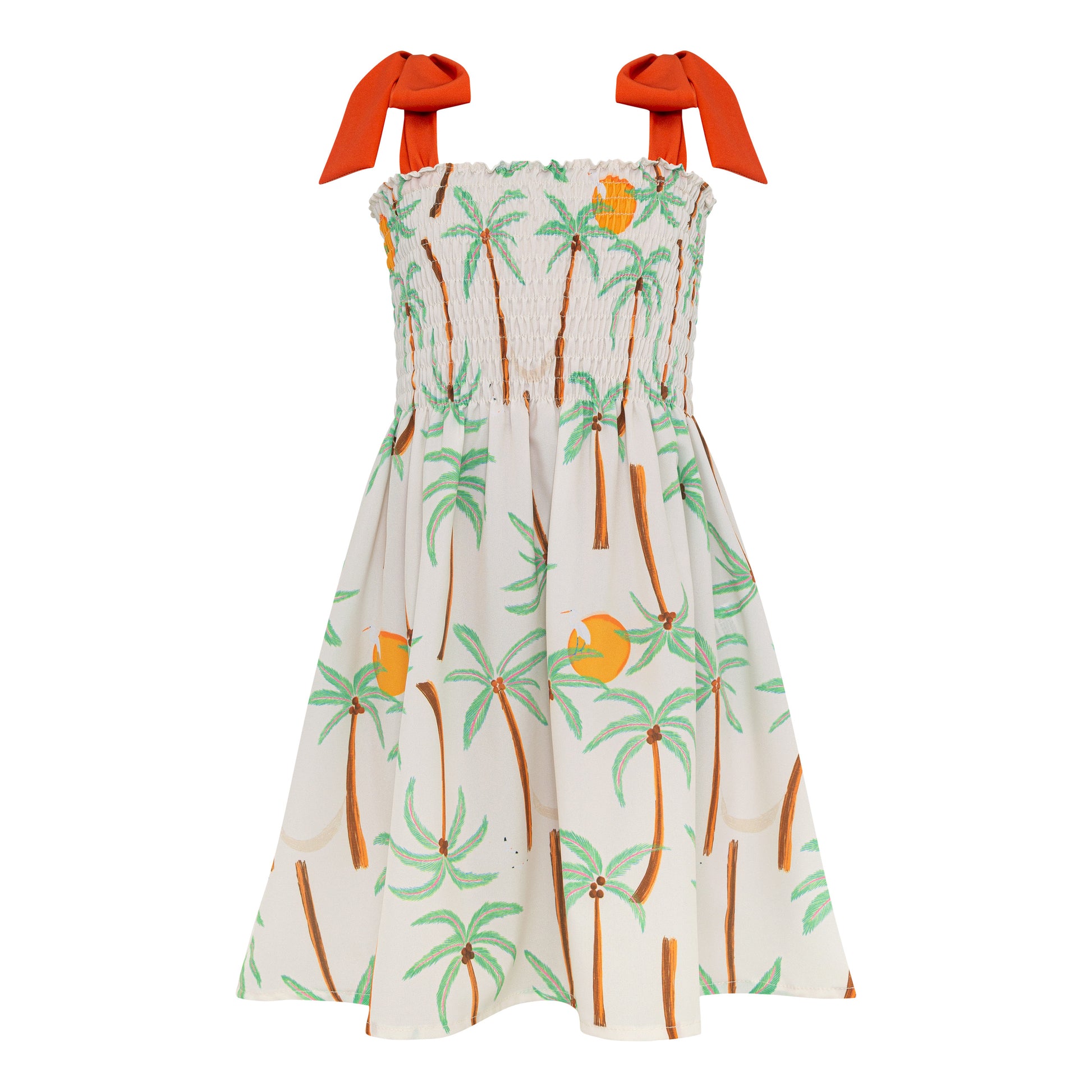 Pepita & Me Palmeras Smocked Dress for girls, featuring colorful tropical leaf print and a comfortable smocked bodice.