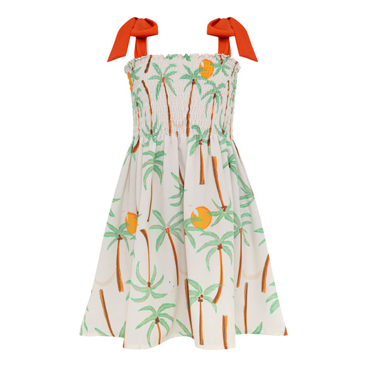 Pepita & Me Palmeras Smocked Dress for girls, featuring colorful tropical leaf print and a comfortable smocked bodice.