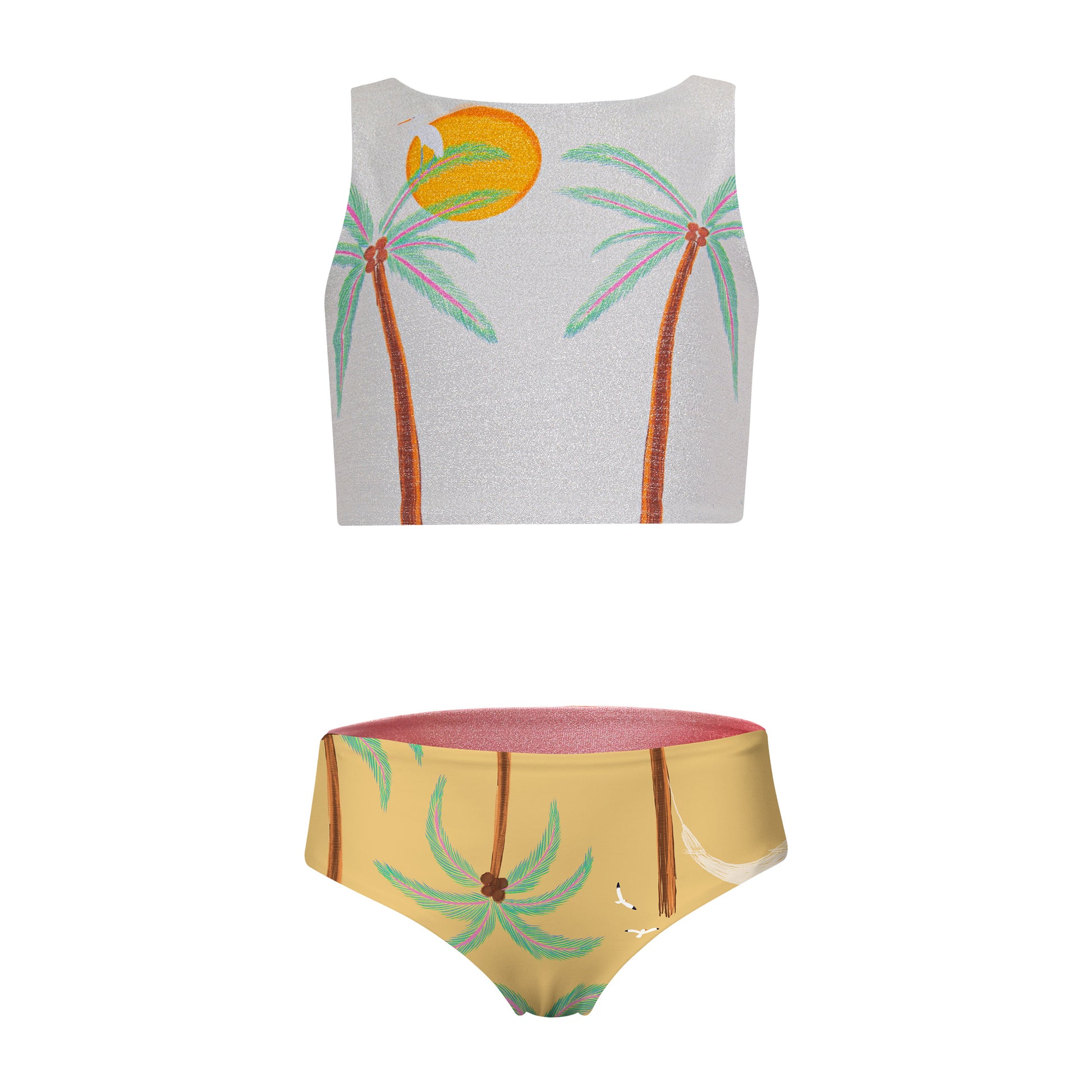 South End Pool Bikini by Pepita & Me featuring a vibrant, stylish swimwear design with a matching top and bottom set on a model.