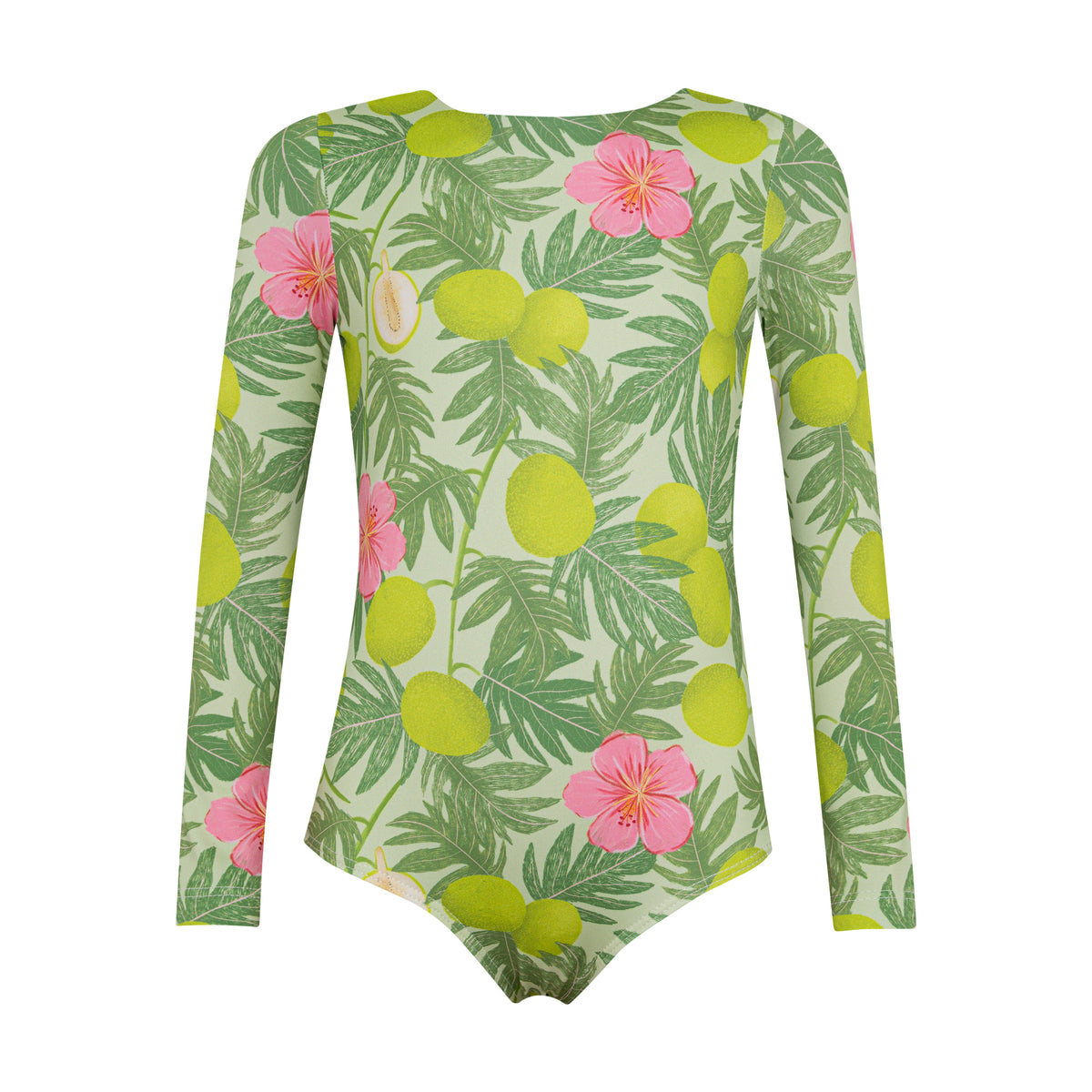 Pepita & Me tropical fruit long sleeve one-piece swimsuit featuring vibrant fruit print and full coverage for women.