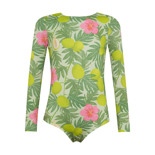Pepita & Me tropical fruit long sleeve one-piece swimsuit with vibrant fruit print and comfortable fit, perfect for beach or pool.