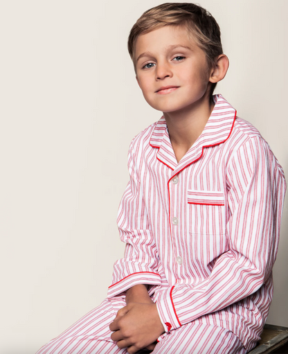 Kids antique red ticking pajama set by Petite Plume, featuring a cozy long-sleeve top and matching pants with classic ticking pattern.